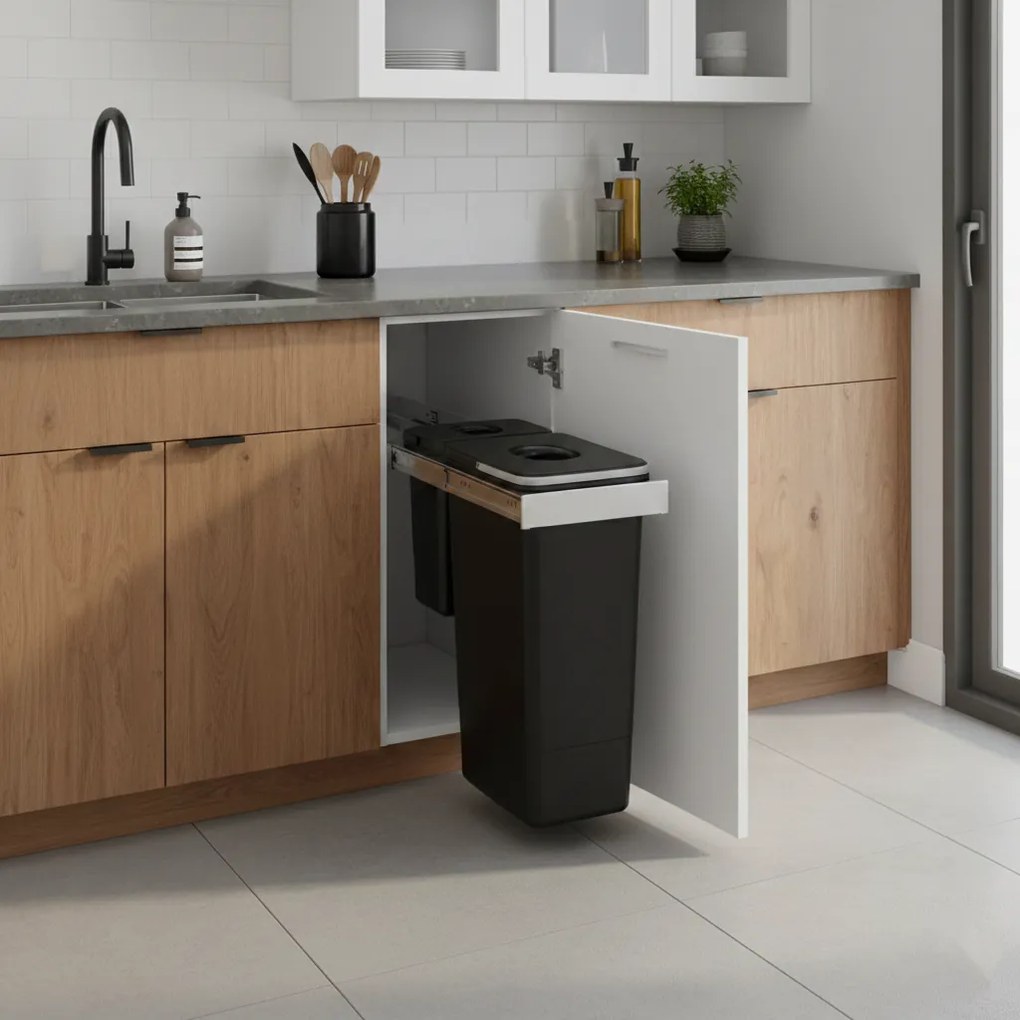 Cos gunoi incorporabil Smart Inox 30 Ecomax, cu extragere totala, colectare selectiva, gri antracit, 1 x 26 l + 1 x 7 l Polipropilena Otel