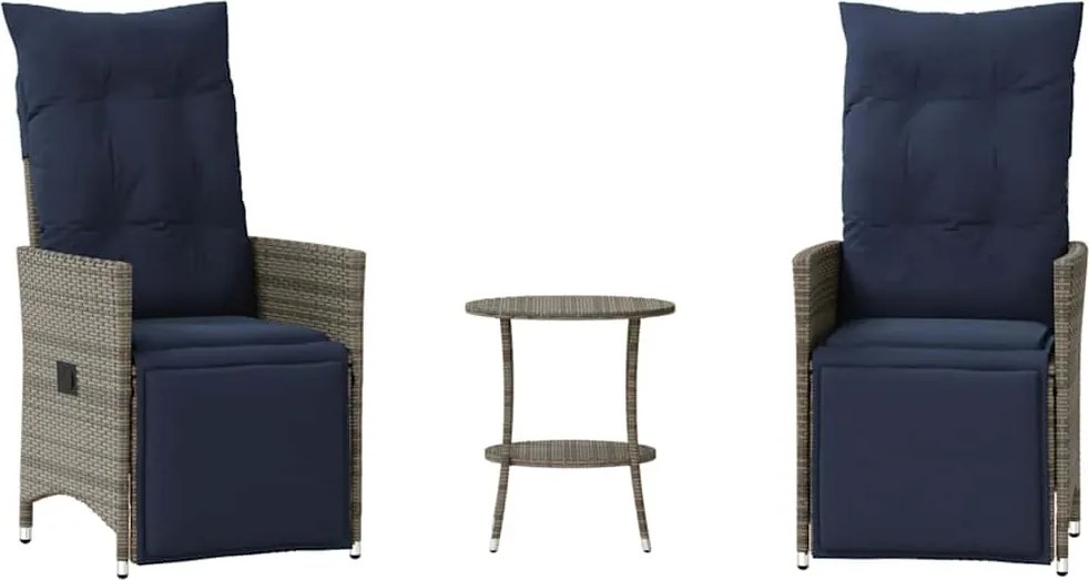 vidaXL Set bistro 3 piese cu perne, gri, poliratan
