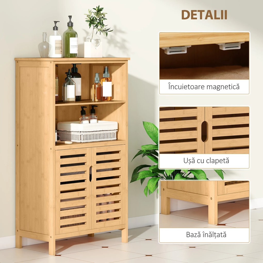 kleankin Mobile Bagno in Bambù, Mobiletto Bagno Salvaspazio con 2 Ante a Persiana e Ripiani Aperti, Armadietto da Terra per Sala da Pranzo, Salotto, Soggiorno, Cucina, 50x29x92 cm, Color Legno | Aosom Romania