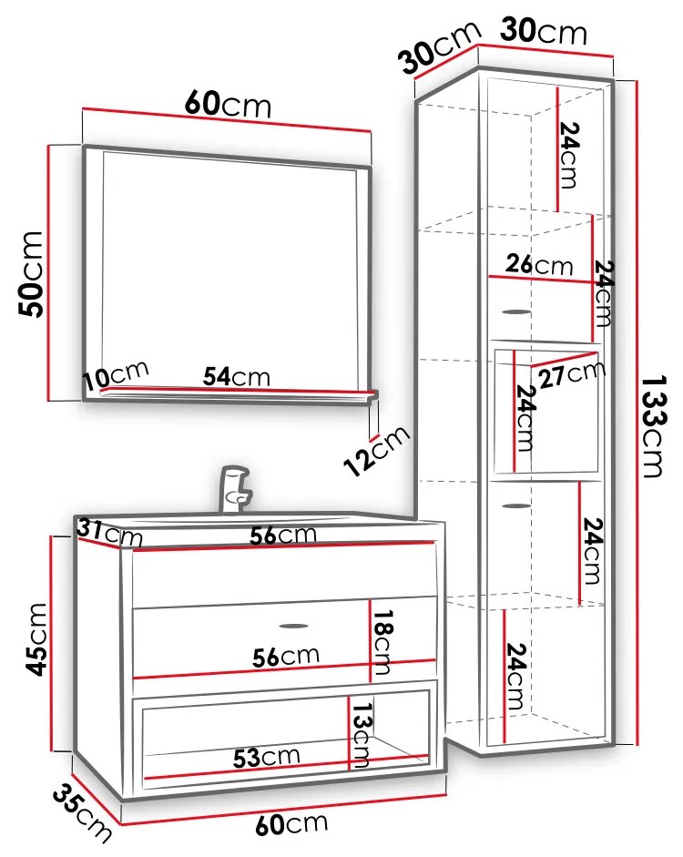 Mobilier baie Olevaro I (Alb + Stejar artisan) (cu baterie Platino BCZ 020M). 1104026