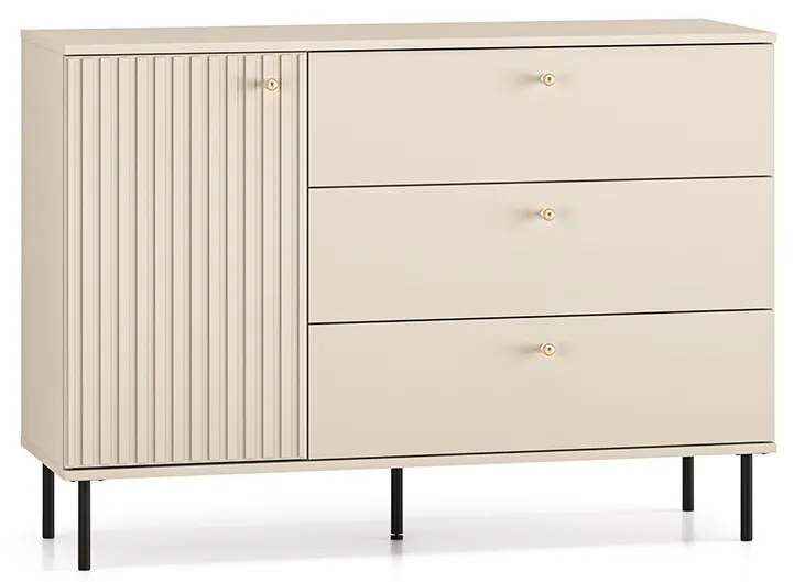 Comoda living  dormitor hol cu 3 sertare si 1 usa , casmir mdf casmir cu model , 120x85x40 cm, canturi abs, cu rafturi, picioare negre butoni auriu