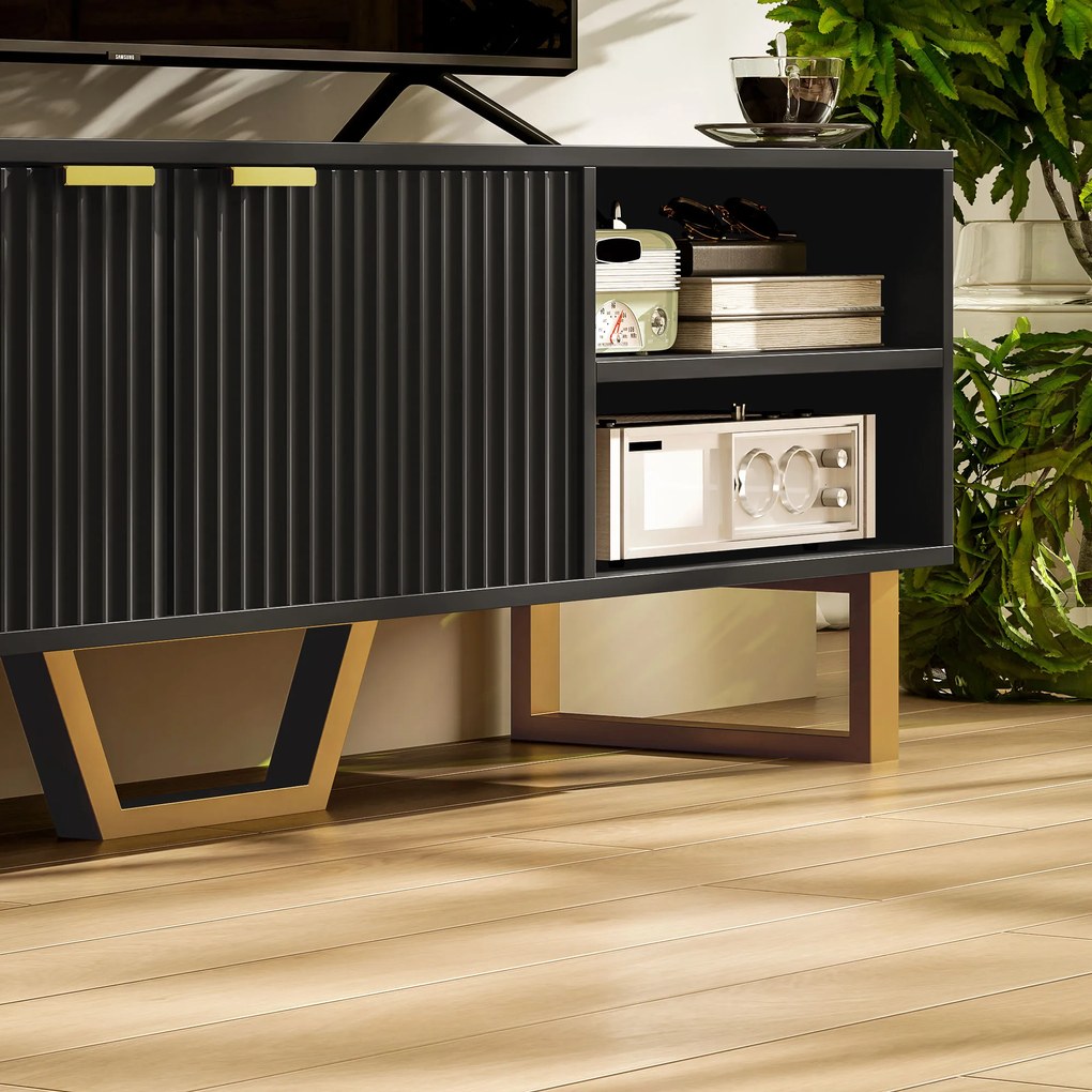 HOMCOM Mobilier TV banc TV pentru televizor de până la 70 de inch - dulap cu 2 uși canelate, compartiment deschis și trecere cabluri | Aosom Romania