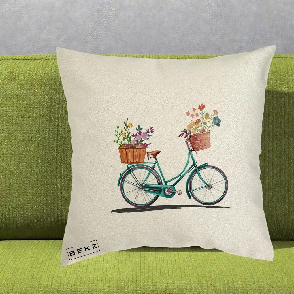 Perna Decorativa Bicicleta Florala Turcoaz Acuarela, 40x40 cm, Ecru, Husa Detasabila, Perna Inclusa, BEKZ®