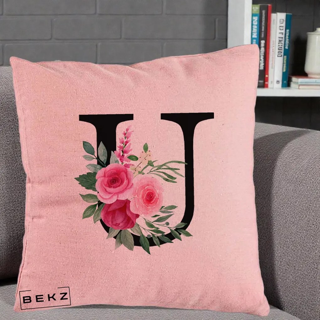 Cadou Personalizat - Perna Personalizata Monograma Florala Litera U, 40x40 cm, Roz, Husa Detasabila, Perna Inclusa, BEKZ®