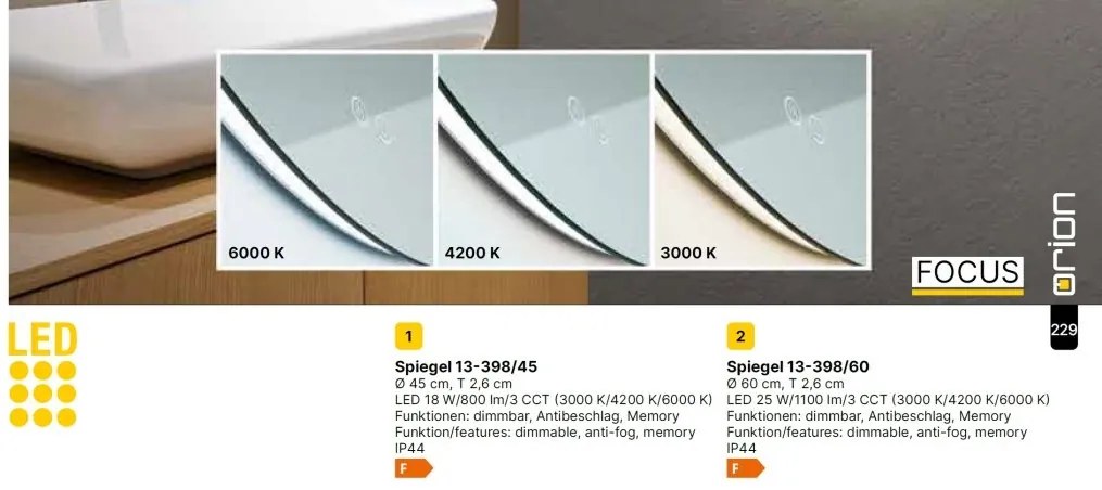 Oglinda baie cu iluminat LED dimabil IP44 FOCUS D-60cm