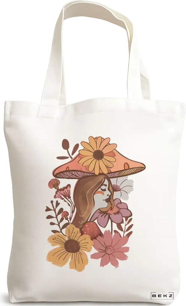 Sacosa de Panza pentru Cumparaturi, Geanta Tote Colorful Mushrooms 10, 38x34.5 cm, Alba, BEKZ®