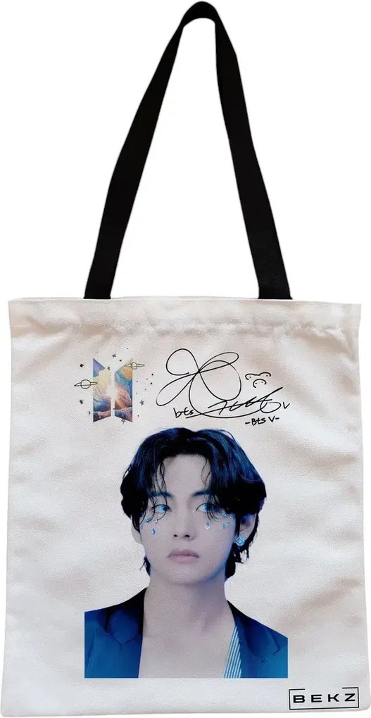 Sacosa de Panza pentru Cumparaturi, Geanta Tote, model BTS V, Cu fermoar, 38x34.5 cm, Alba, BEKZ®