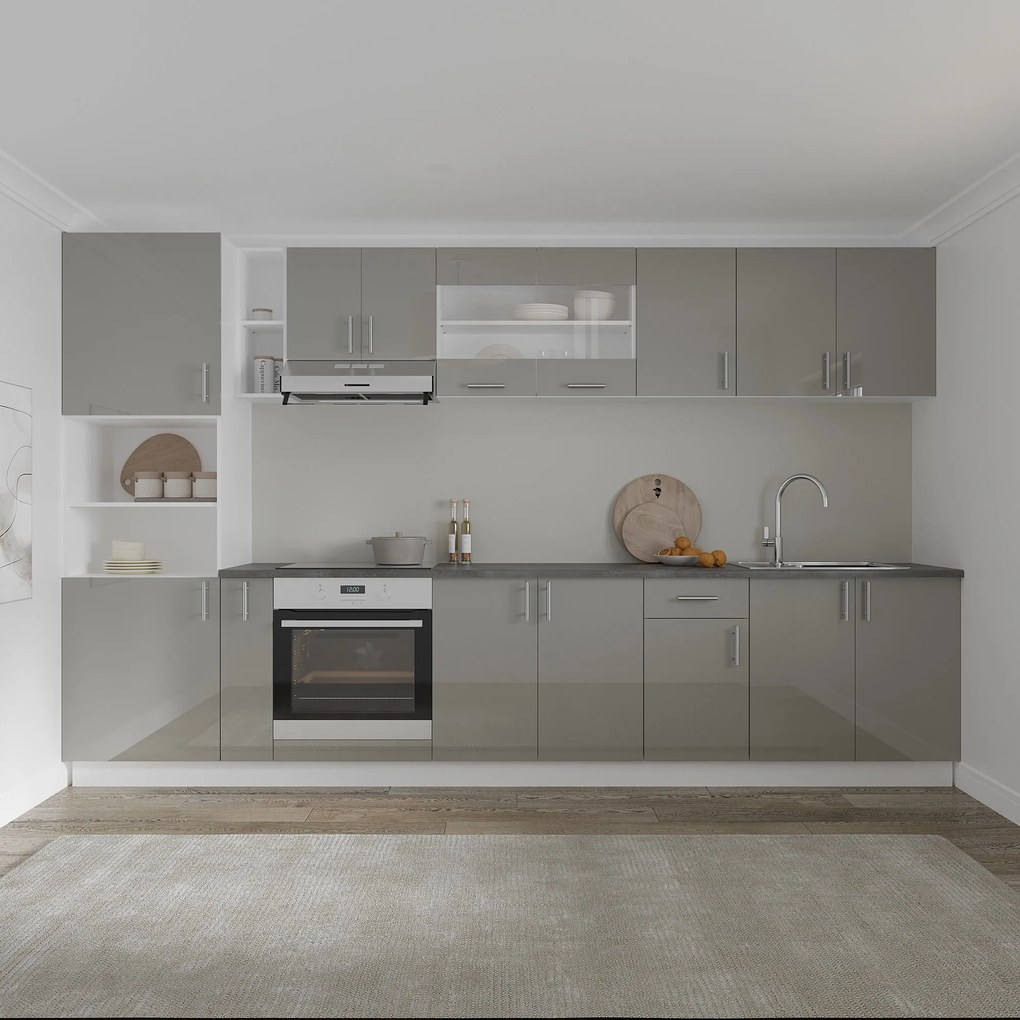 Set Bucatarie Karo V33, Gri Lucios/Alb, MDF, Blat Thermo 28 mm, L 340 cm