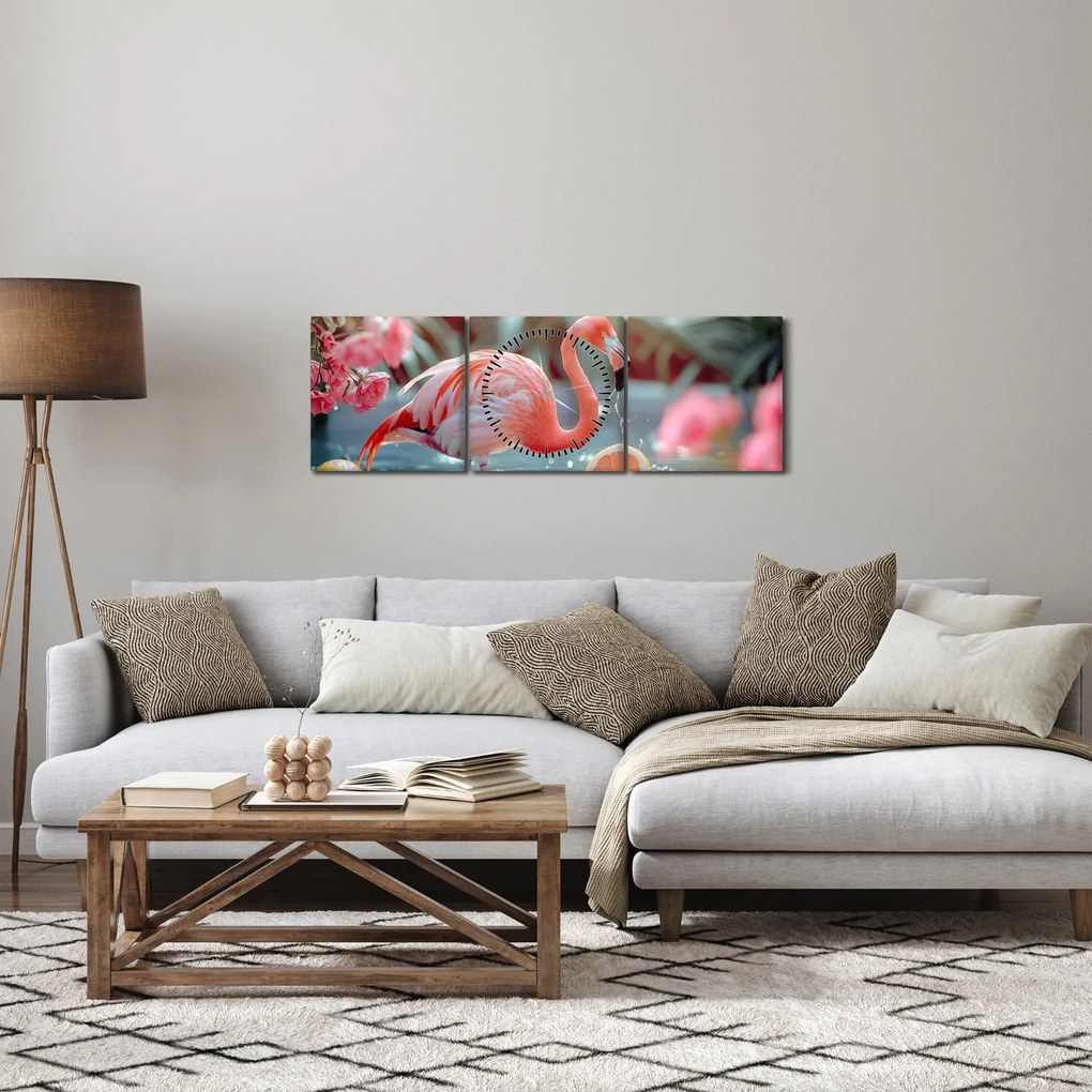 Tablou - Flamingo în iaz (cu ceas) (90x30 cm)