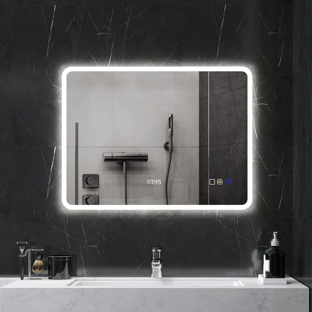 HOMCOM Oglindă de Baie cu Lumină LED 80x60 cm cu Bluetooth 3 Culori de Lumină Funcție Antiabur Funcție de Memorie IP44  | Aosom Romania