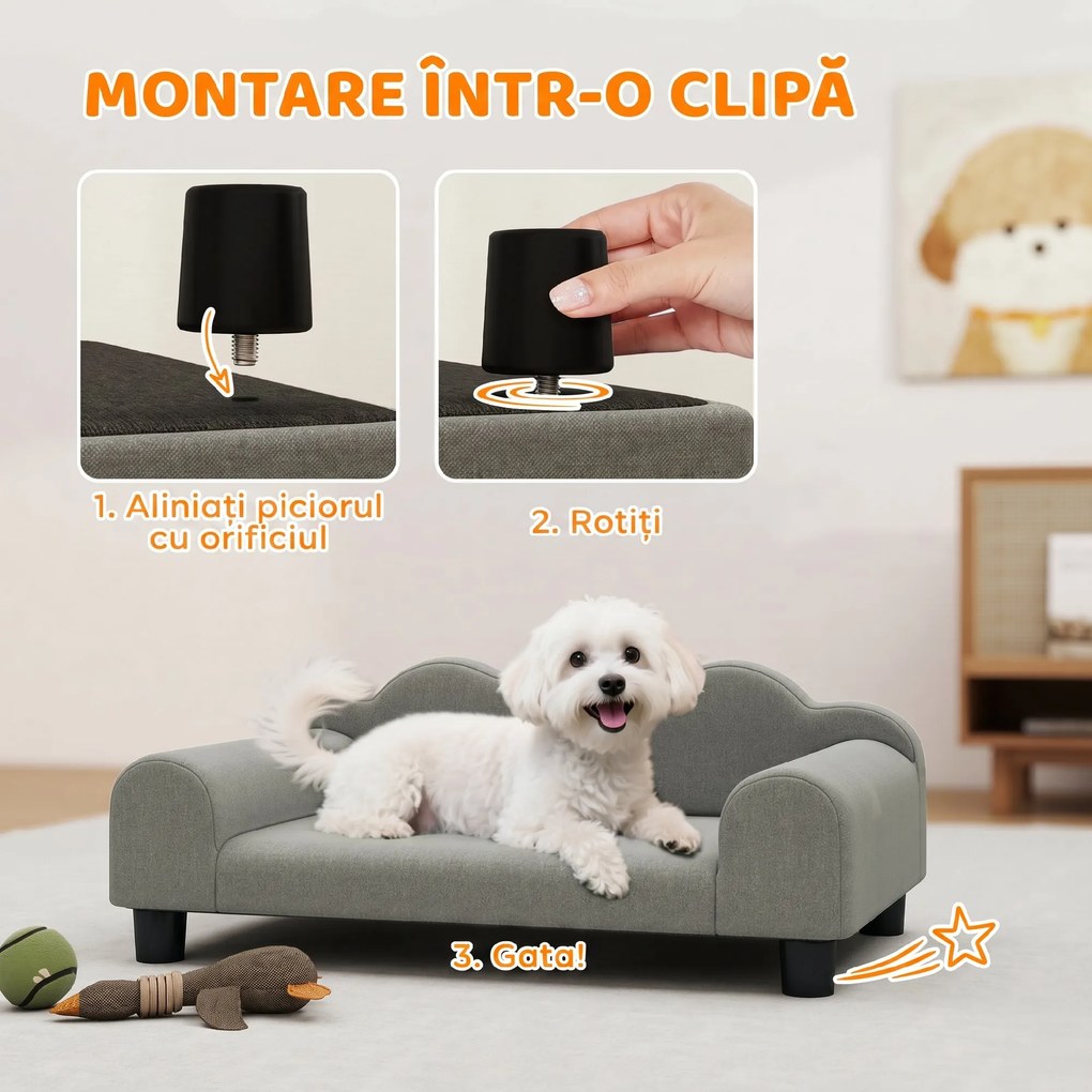 PawHut Canapea pentru Câini Moale cu Cotiere de Sprijin din Țesătură Gri | Aosom Romania