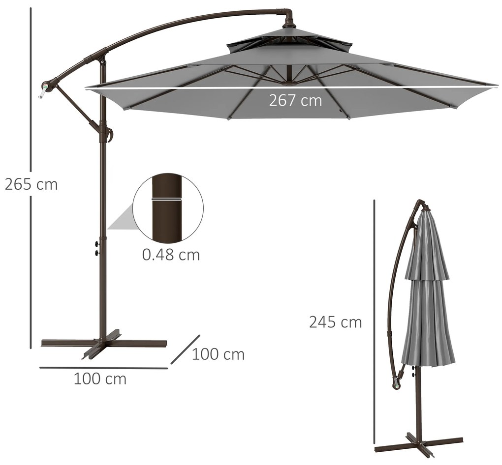 Outsunny Umbrelă Ampelschirm Ø2,67 x 2,45 m Cu Manivelă și Acoperiș Dublu Bază în Formă de Cruce Oțel Protecție Solară Poliester Oțel Gri deschis | Aosom Romania