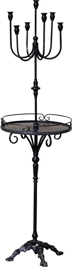 Măsuță laterală înaltă din metal, negru, cu sfeșnic cu 7 brațe, tavă rotundă și bază turnată, finisaj antichizat, 148 x 42 cm, „Perla”