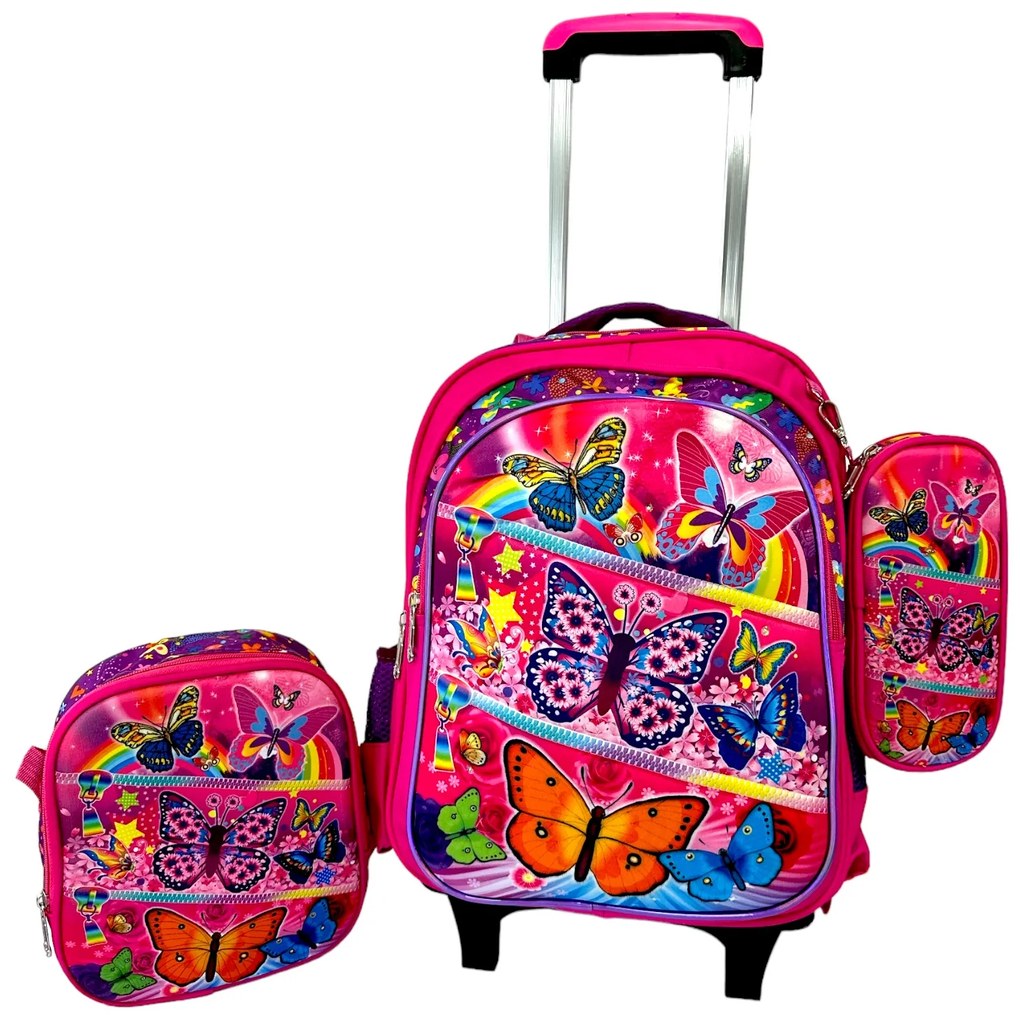 Set 3 piese Ghiozdan pentru scoala cu troler detasabil, cu borseta si penar, 41 x 30 x 23 cm, 3 comp
