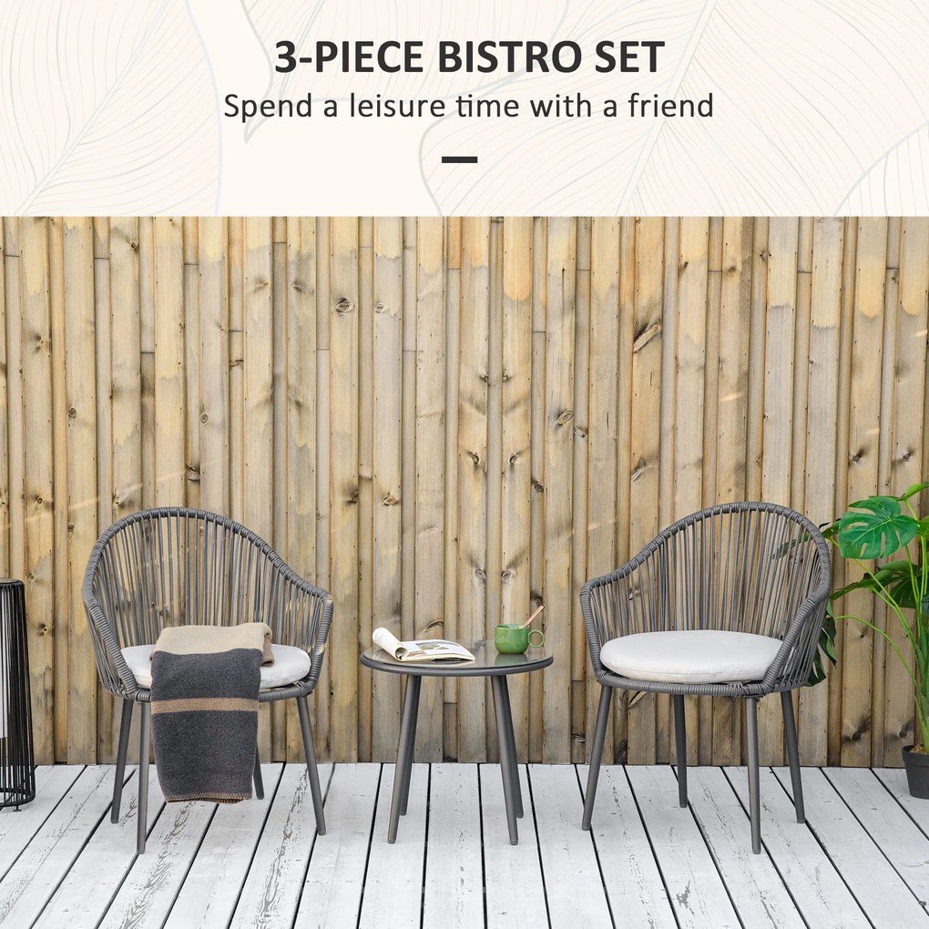 Outsunny Set Bistro de Terasă din 3 Piese, Set de Mobilier din Rachiță cu 2 Fotolii și Masă de Sticlă, 65x63x80 cm, Gri | Aosom Romania