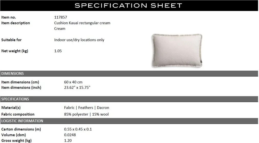 Perna design lux Kauai crem rectangular 60x40cm