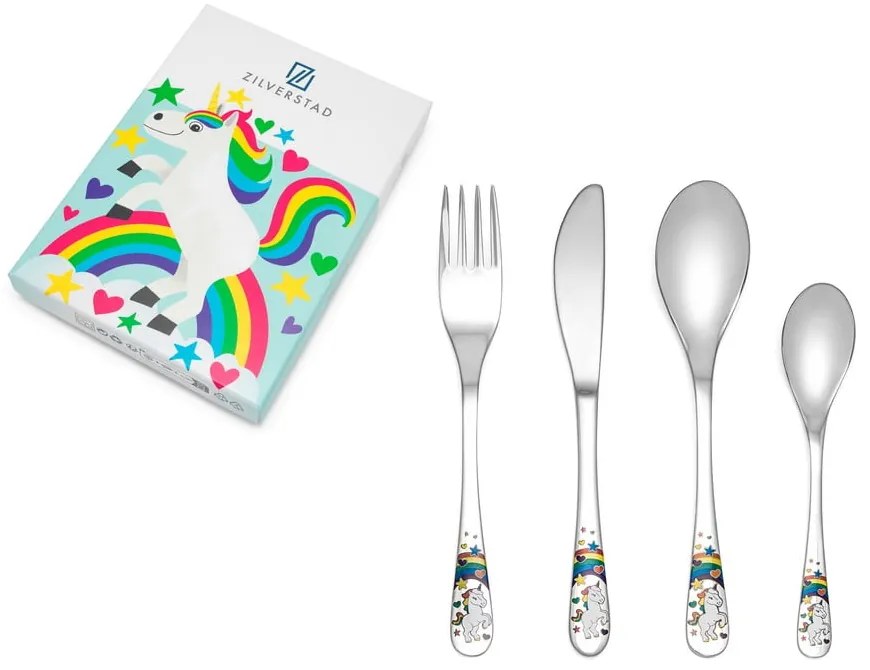 Tacâmuri argintii din oțel inoxidabil pentru copii 4 buc. Unicorn – Zilverstad