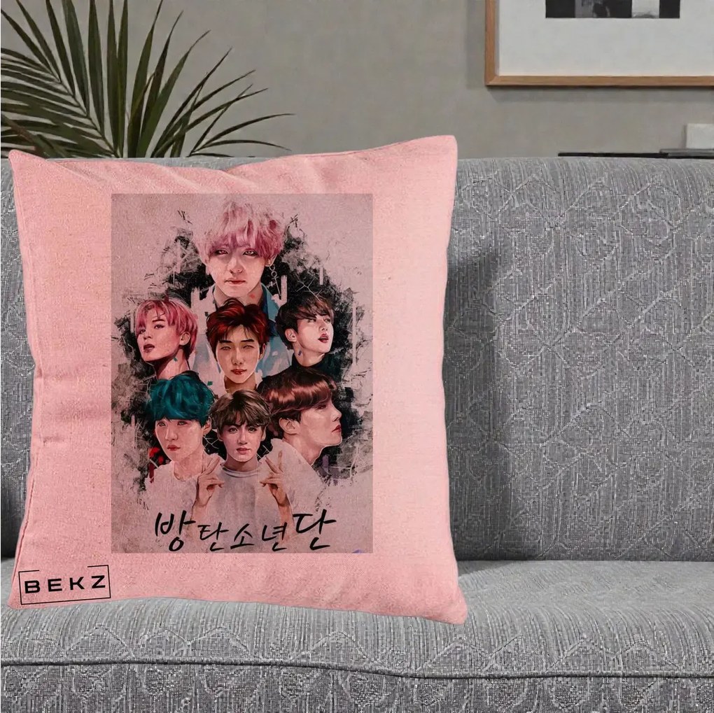 Perna Personalizata K-pop BTS Bangtan Boys Poster Artistic Negru Alb, 40x40 cm, Roz, Husa Detasabila, Perna Inclusa, BEKZ®