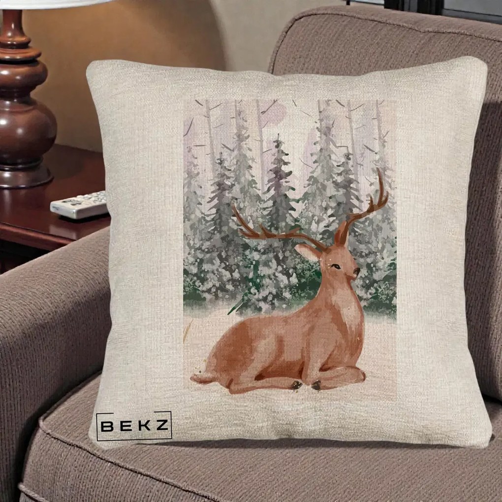 Perna Decorativa Ren in Padure Roz Moale, 40x40 cm, Bej Canapea, Husa Detasabila, Perna Inclusa, BEKZ®