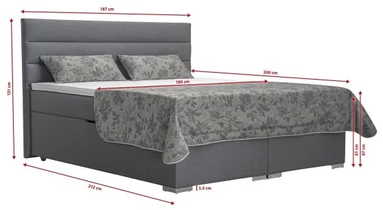 Pat tapițat NEW BOLERO 180x200 cm, gri, cu spațiu de depozitare și saltele cu topper