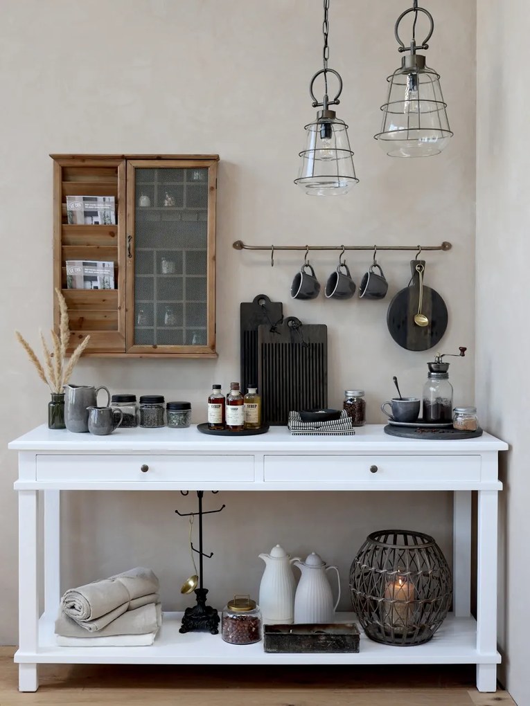 Consola alba, din lemn masiv, cu 2 sertare, aspect rustic, Marseille