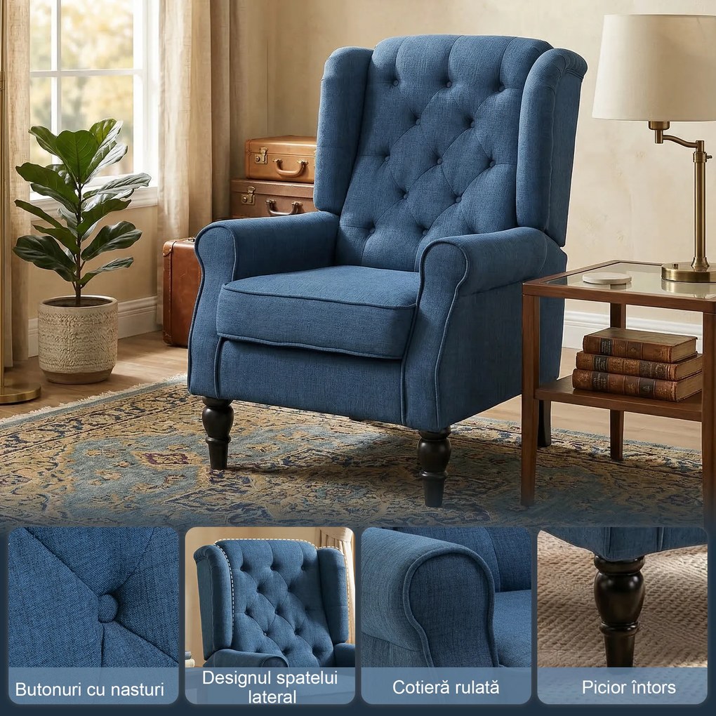 HOMCOM Scaun Decorativ Capitonat cu Spatar Inalt, Cotiere Rotunjite Captusite și Sezut cu Captuseala Groasa, Albastru | Aosom Romania