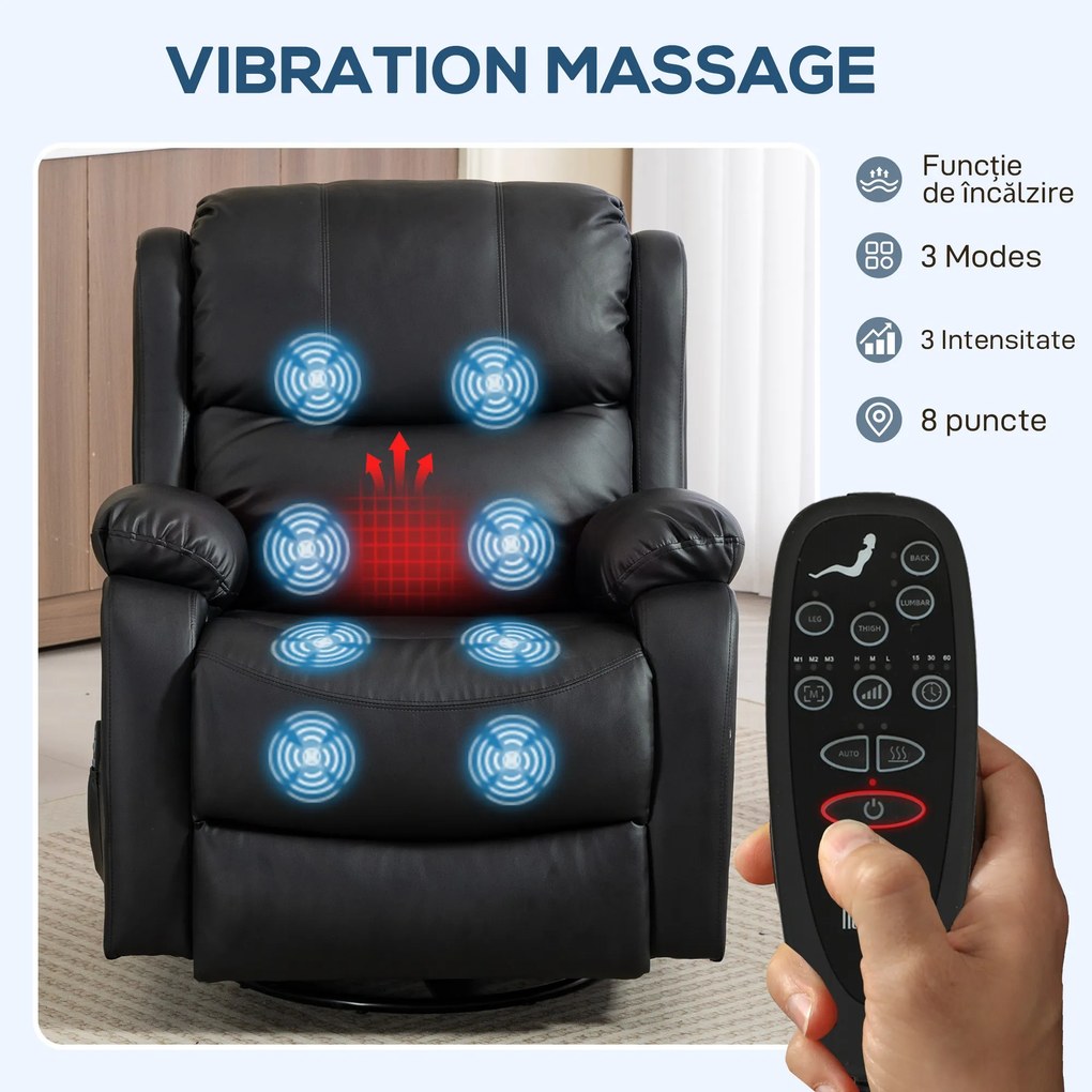 HOMCOM Fotoliu Relax Reclinabil cu 8 Puncte de Masaj și Încălzire, Negru | Aosom Romania