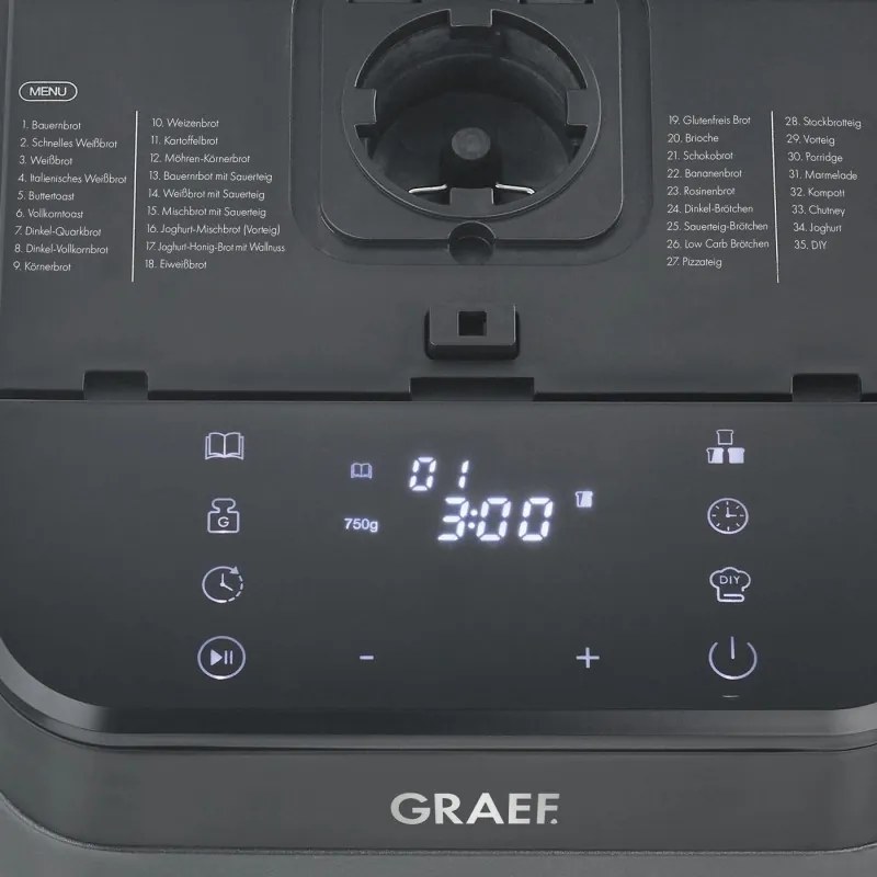 Masina de facut paine Graef BA806, 520 W, 500–750 g, 36 de programe, Strat antiaderent, 3 trepte de rumenire, Temporizator cu pornire intarziata, Negru