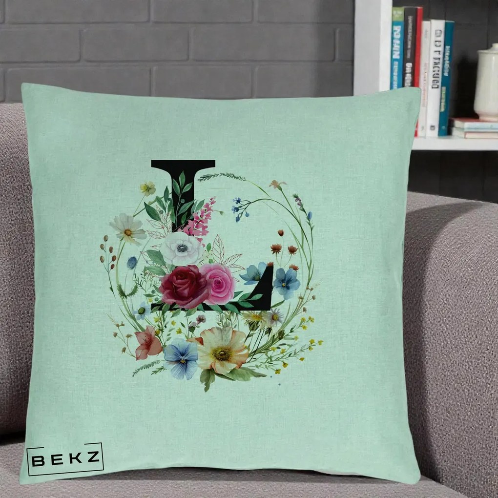 Cadou Personalizat - Perna Personalizata Monogram Litera L cu Flori Acuarela, 40x40 cm, Verde Menta, Husa Detasabila, Perna Inclusa, BEKZ®