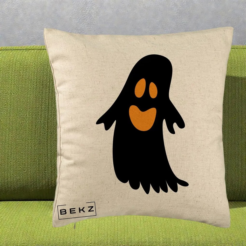 Perna Decorativa Halloween Fantoma Neagra cu Ochi Portocalii, 40x40 cm, Bej, Husa Detasabila, Perna Inclusa, BEKZ®