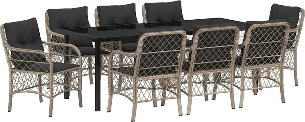 vidaXL Set de masă pentru grădină cu pernă 9 pcs Gri deschis poliratan