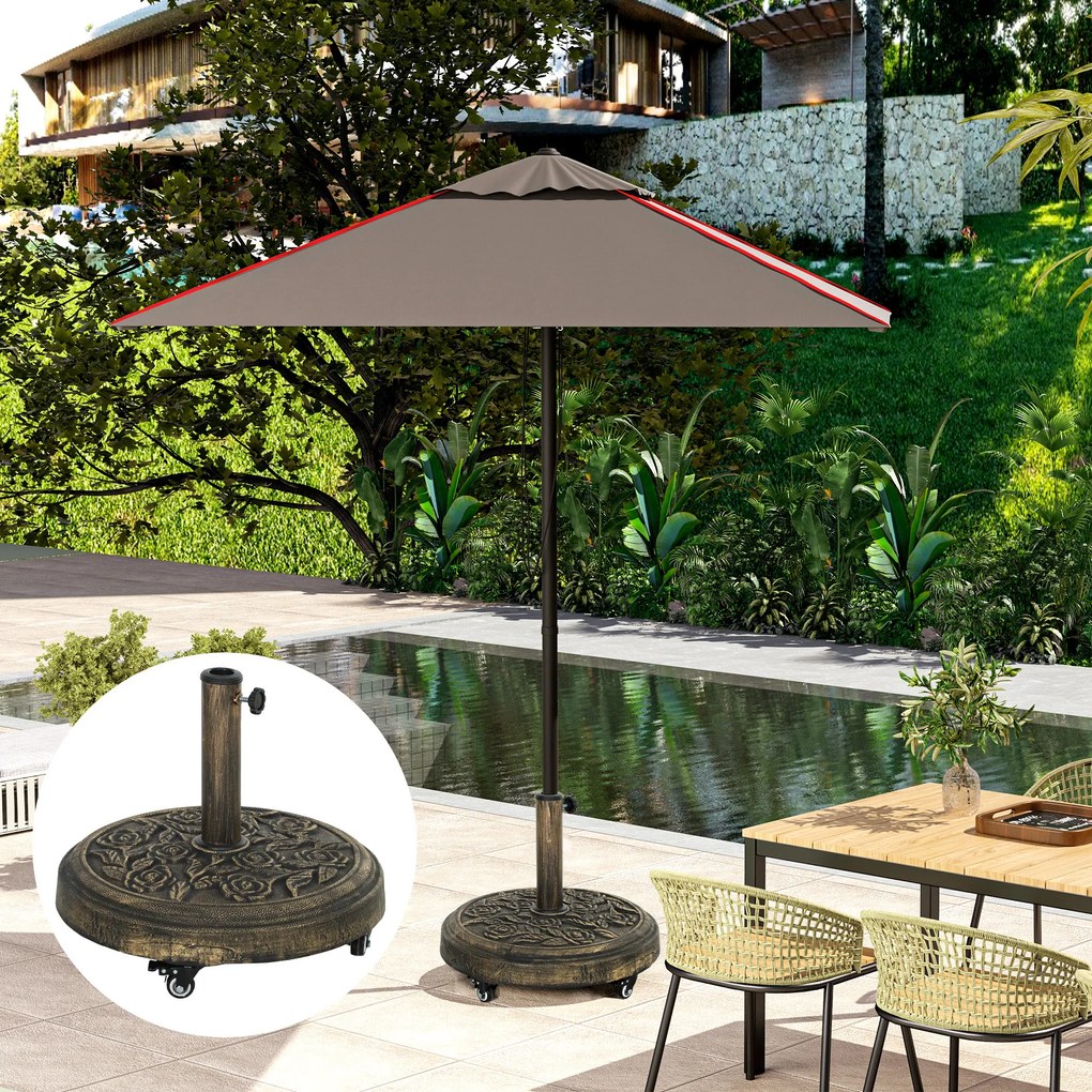 Outsunny Bază Rotundă pentru Umbrelă de Exterior, 21 kg, Bază din Rășină cu Roți și Suport pentru Umbrele de 3,3 cm/3,8 cm/4,8 cm, pentru Grădină, Terasă, Piscină, Bronz | Aosom Romania