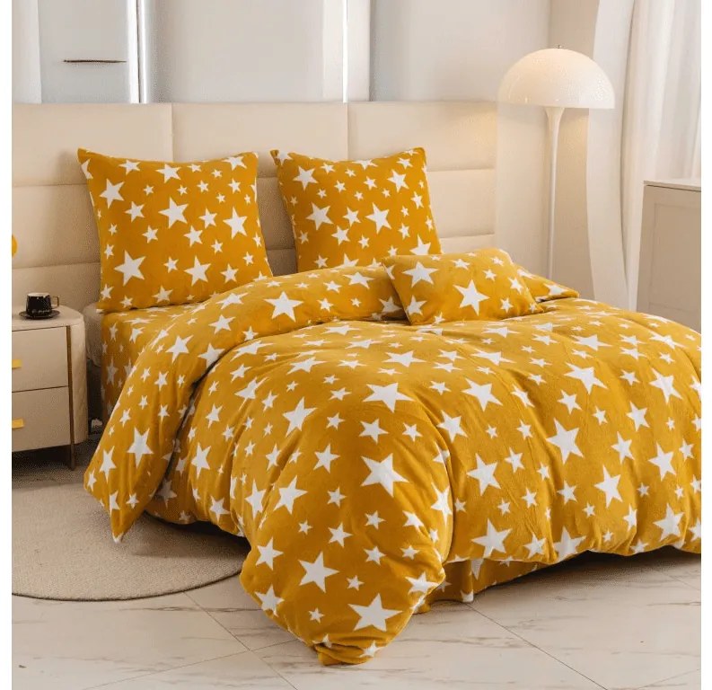 Set Lenjerie cocolino STARS galben-portocaliu + cearsaf Cocolino microplus SOFT 180x200 cm alb, pat dublu