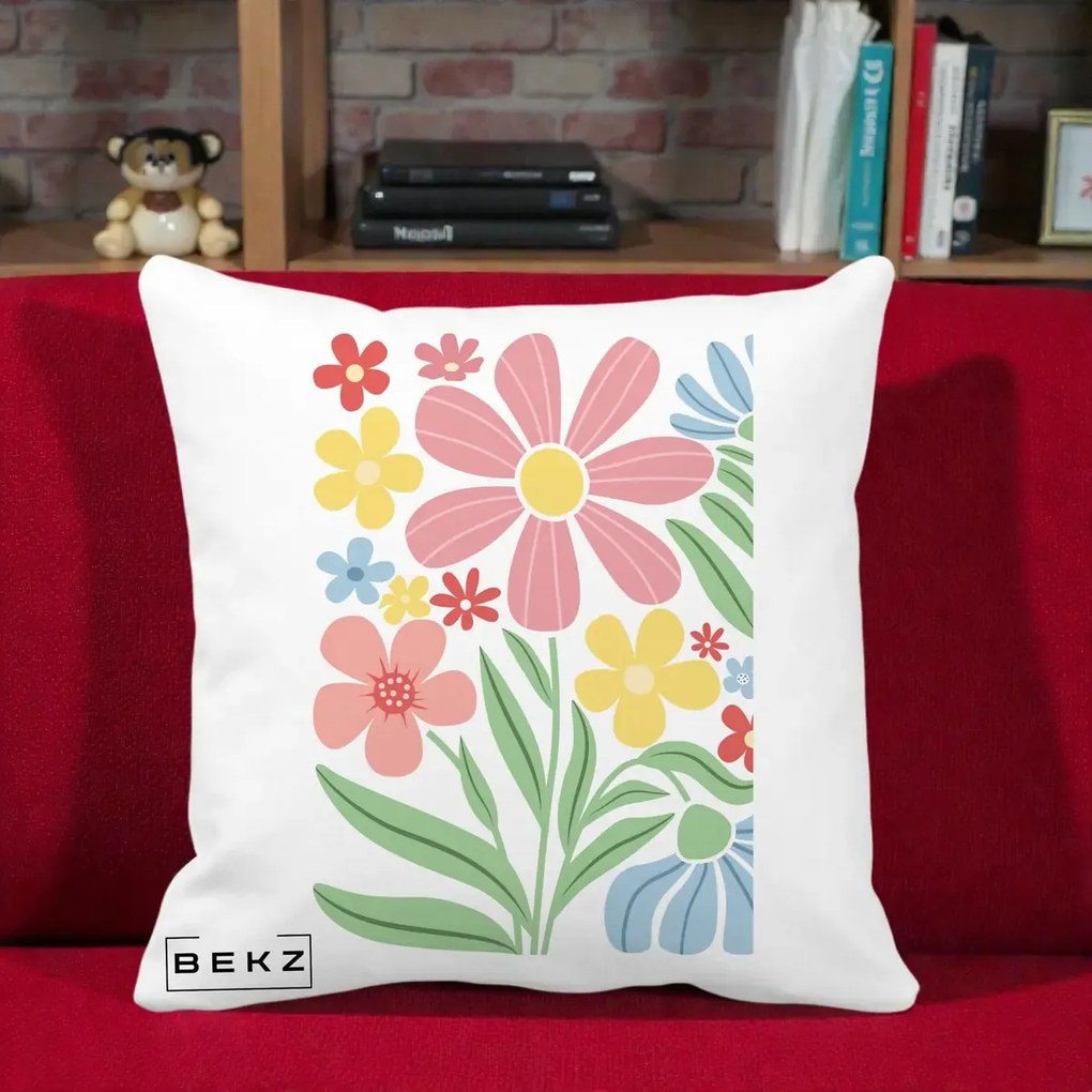 Perna Decorativa Flori Grafice Roz Pastel, 40x40 cm, Alba Mata, Husa Detasabila, Perna Inclusa, BEKZ®