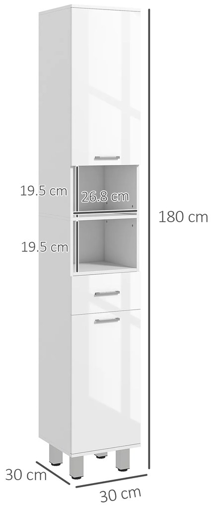 kleankin Mobilier pentru Baie cu 1 Sertar 3 Rafturi Ajustabile și 2 Dulapuri, 30x30x180 cm, Alb Lucios | Aosom Romania