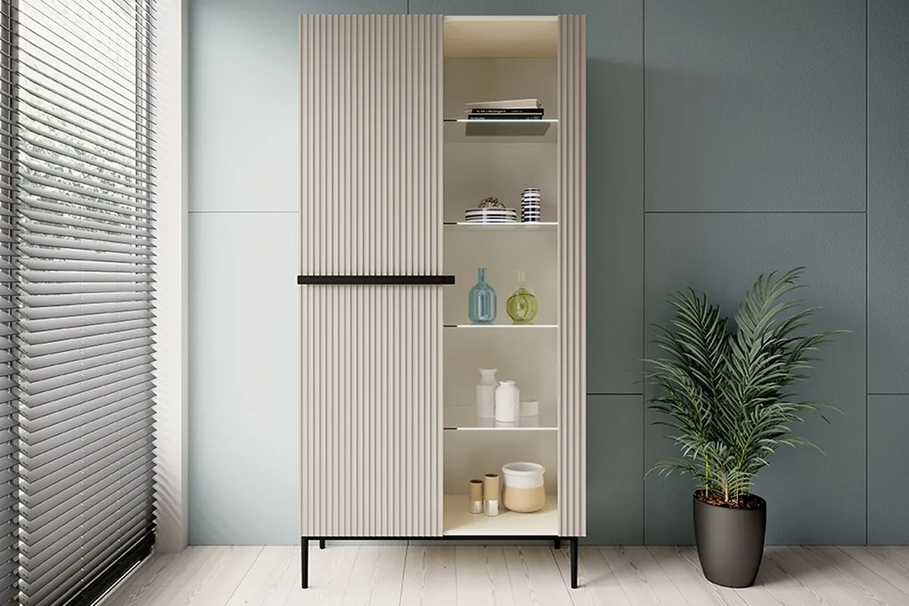 Vitrina Nicole 100 cm cu fata canelata - cashmir / picioare negre