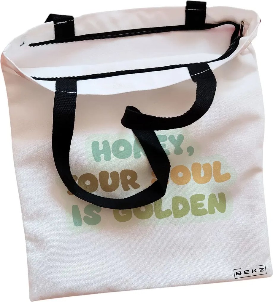 Sacosa de Panza pentru Cumparaturi, Geanta Tote, model Golden Soul, Cu fermoar, 38x34.5 cm, Alba, BEKZ®