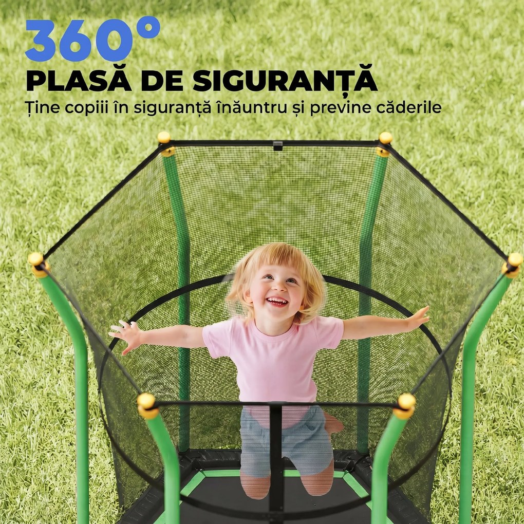 HOMCOM Trambulină Elastică pentru Copii 3-10 Ani cu Intrare cu Fermoar și Bare Căptușite, Ø163.5x190 cm, Verde | Aosom Romania