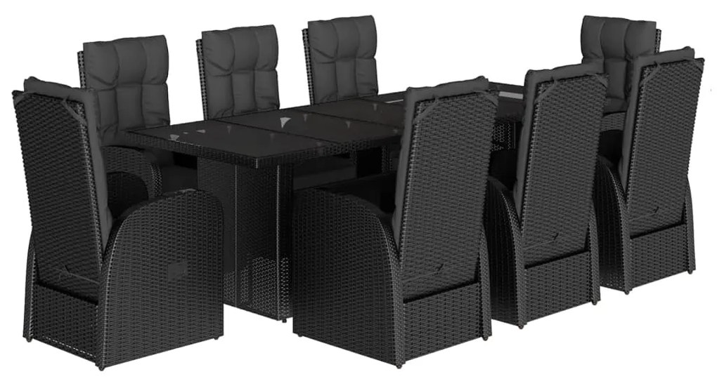 3277641 vidaXL Set mobilier de grădină cu perne, 9 piese, negru, poliratan