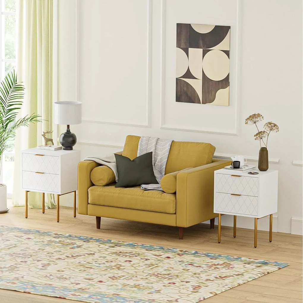 NOA41 - Set 2 Noptiere albe 40 cm, cu 2 sertare, dormitor - Alb-Auriu