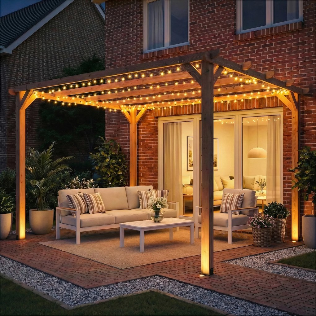 Outsunny Pergolă Gazebo 3x3 m din Lemn de Brad, Pergolă pentru Grădină cu Suporturi Triunghiulare și 5 Grinzi pentru Plante Cățărătoare, Pergolă din Lemn pentru Exterior, Patio, Terasă, Aspect Lemn de Arțar | Aosom Romania