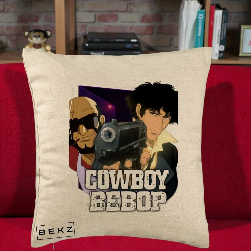 Perna Personalizata Cowboy Bebop Spike si Jet Poster, 40x40 cm, Bej, Husa Detasabila, Perna Inclusa, BEKZ®
