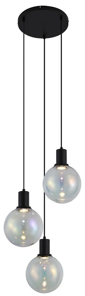 Lampă suspendată de design neagră cu sticlă transparentă rotundă cu 3 lumini - Mallon