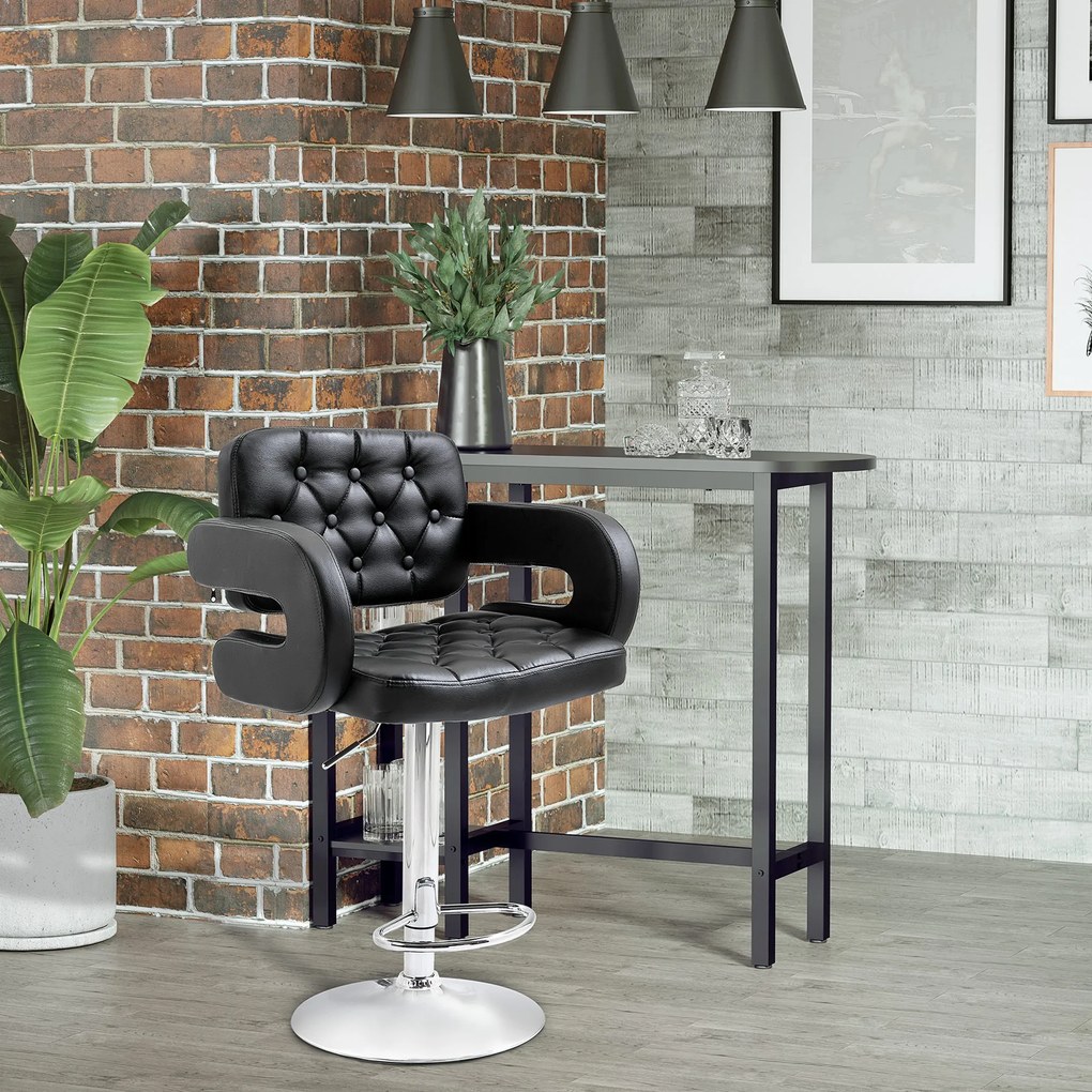 HOMCOM Scaun de Bar cu Spătar și Brațe, Scaun Modern de Bucătărie Rotativ cu Înălțime Reglabilă, 61x50x94-114 cm, Negru | Aosom Romania