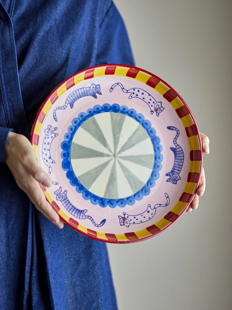 Platou decorativ din ceramică artizanală, multicolor, pictat manual cu pisici și motive geometrice, 30x6 cm, „Missy"