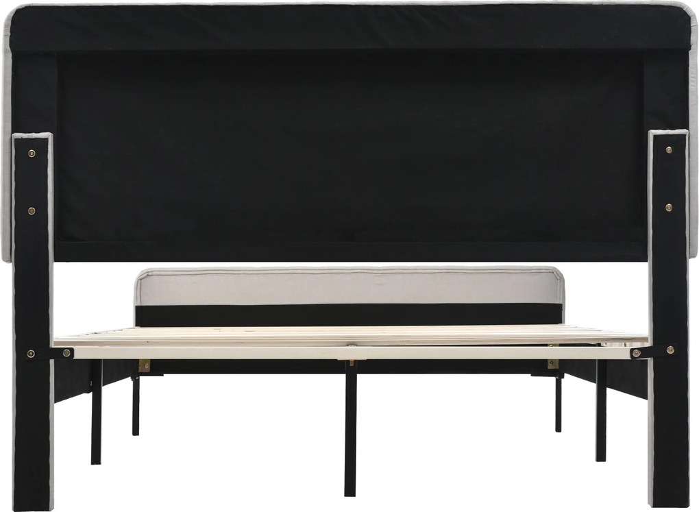 Pat dublu tapițat din țesătură de in 160x200 cm, cu tăblie reglabilă și somieră cu lamele, fără saltea, Gri+Bej