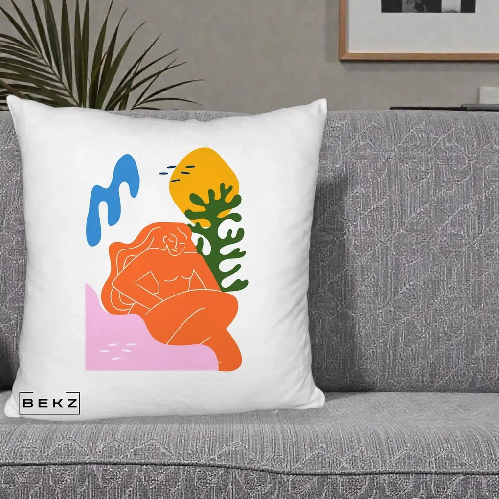 Perna Decorativa Femeie Portocalie Relaxata, 40x40 cm, Alb Pufos, Husa Detasabila, Perna Inclusa, BEKZ®