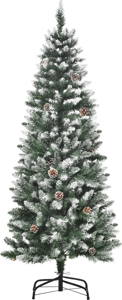 HOMCOM Brad de Crăciun Înzăpezit cu 464 crengi și 28 conuri, Brad Artificial cu Bază Detașabilă, Ø69x150 cm, Verde | Aosom Romania