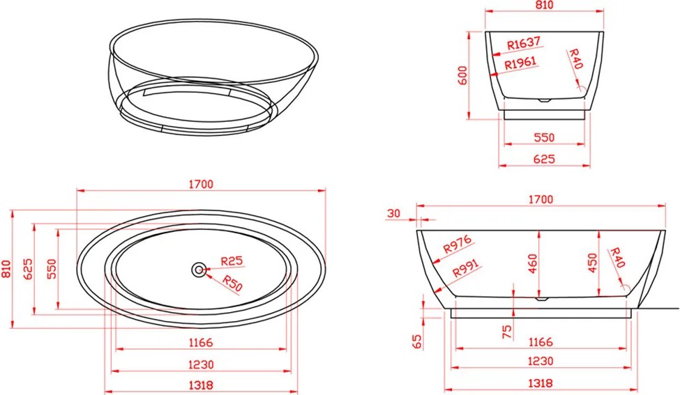 Cadă de baie independentă Troy 170x81x60 cm