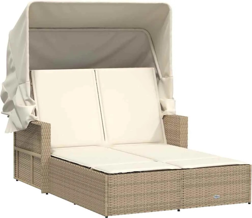 vidaXL Șezlong dublu cu baldachin și perne, bej, poliratan